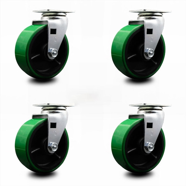 5 Inch Green Poly on Cast Iron Wheel Swivel Caster Set with Ball Bearings SCC